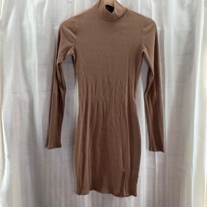 Lulus Ribbed Mock Neck Long Sleeve Mini Dress Taupe Side Slit XS Minimalist Chic